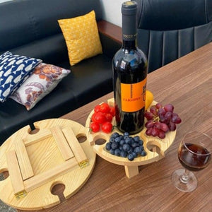 Wooden Outdoor Portable Folding Picnic Table with Glass & Wine Rack 
