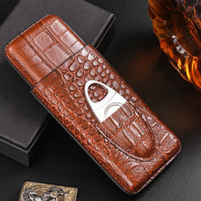 Load image into Gallery viewer, leather-cigar-humidor-case-with-cigar-cutter-leather-travel-cigar-case-leather-humidor-cigars-box-crocodile-pattern-leather-cigar-case-travel-leather-humidor-box-with-stainless-cigar-cutter-cigars-portable-2-3-tubes-holder-humidor-cigars