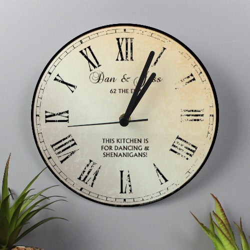 Rustic personalised glass wall clock with custom message for home décor