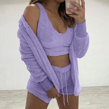 Load image into Gallery viewer, velvet-pajamas-set-tops-shorts-cardigan-nightwear-set-for-women-velvet-pajamas-set-tops-shorts-cardigan-pyjamas-set-for-her-womens-pyjama-sets-women-knitted-3-pieces-set-casual-coral-velvet-pajamas-set-sexy-cardigan-crop-tops-shorts-suit