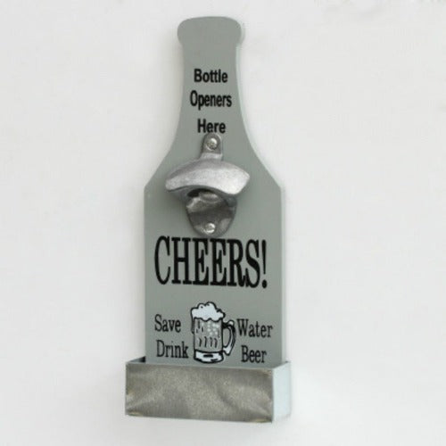 Rustic vintage bottle opener mounted on wooden wall panel