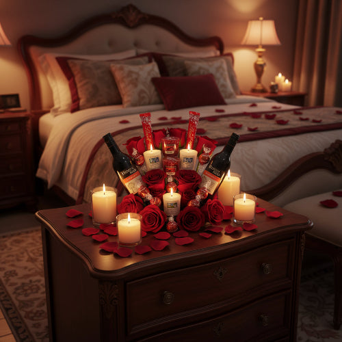 Romantic gift bouquet featuring Yankee Candle, red wine, and chocolates
